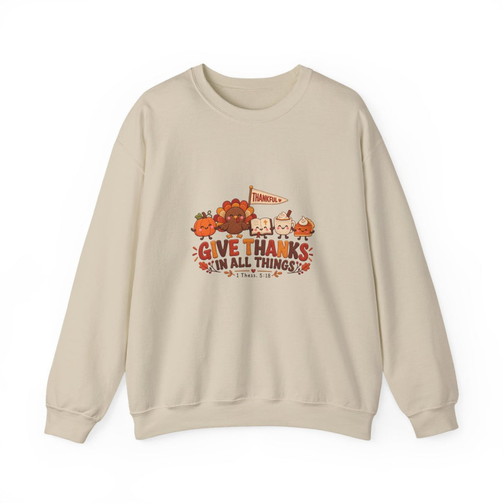 Give Thanks Pumpkin Harvest Sweatshirt in Sand, front view